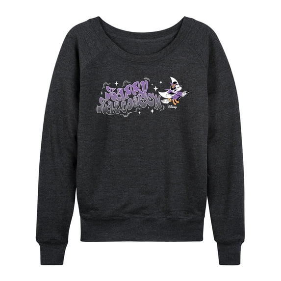Disney - Witch Minnie Happy Halloween Women's Lightweight French Terry Wide Neck Long Sleeve Graphic Shirt