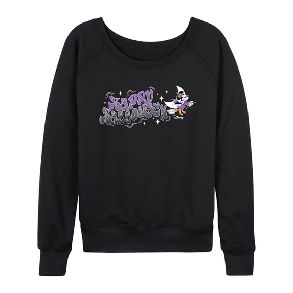 Disney - Witch Minnie Happy Halloween Women's Lightweight French Terry Wide Neck Long Sleeve Graphic Shirt