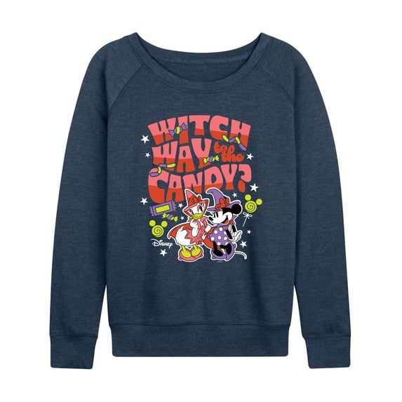 Disney - Witch Way To The Candy Minnie & Daisy Women's Lightweight French Terry Wide Neck Long Sleeve Graphic Shirt