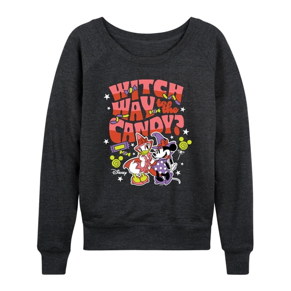 Disney - Witch Way To The Candy Minnie & Daisy Women's Lightweight French Terry Wide Neck Long Sleeve Graphic Shirt