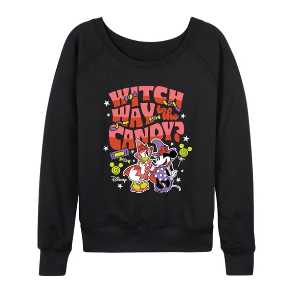 Disney - Witch Way To The Candy Minnie & Daisy Women's Lightweight French Terry Wide Neck Long Sleeve Graphic Shirt