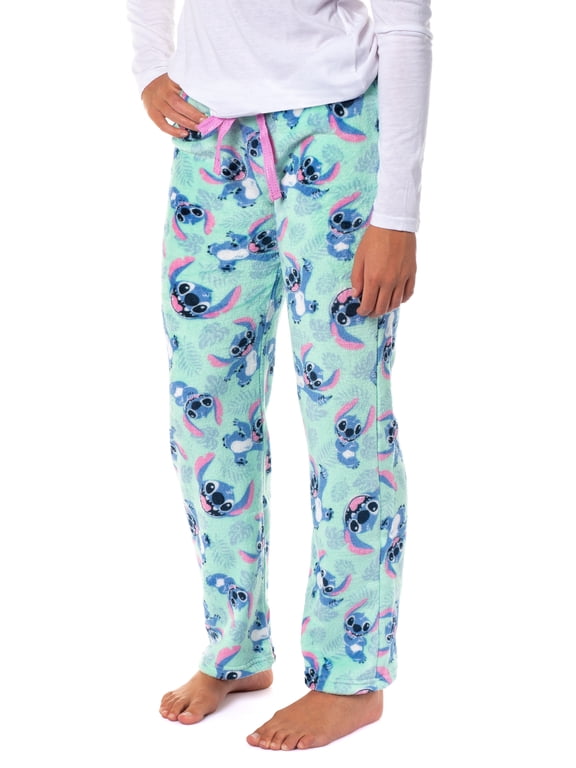 Disney Woman's Stitch Hibiscus Leaves Plush Fleece Pants Junior's Lounge Pajama Pants with Adjustable Elastic Waistband