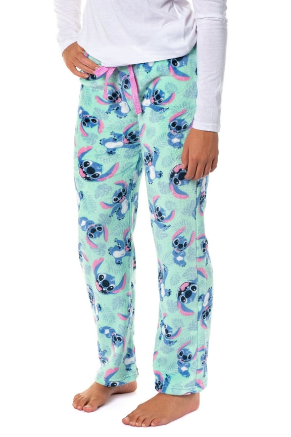 Disney Woman's Stitch Hibiscus Leaves Plush Fleece Pants Junior's Lounge Pajama Pants with Adjustable Elastic Waistband