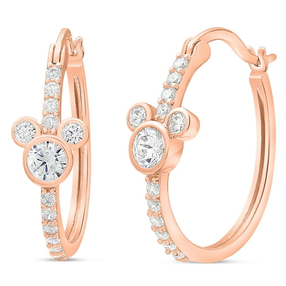 Disney Women Mickey Mouse Sterling Silver Rose Gold Plated Cubic Zirconia Hoop Birthstone Earrings - April