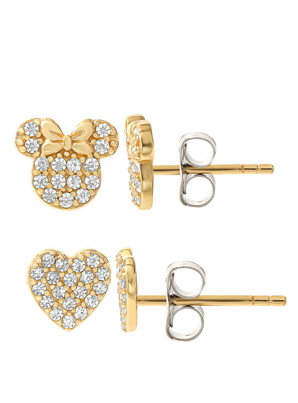 Disney Women’s 14K Gold Plated Sterling Silver Minnie Stud Earring Set, 2 Pairs