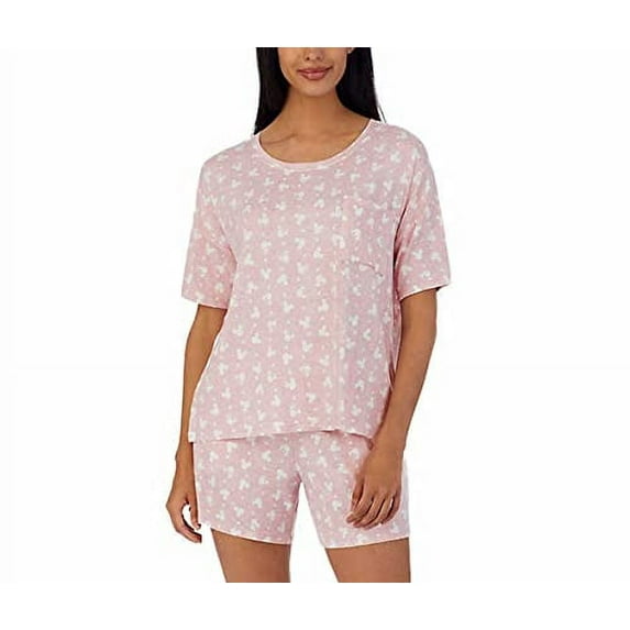Disney Women's 2 Piece Short Sleeve Shirt & Short Pajama Set (Small, Pink Mickey and Minnie Mouse)