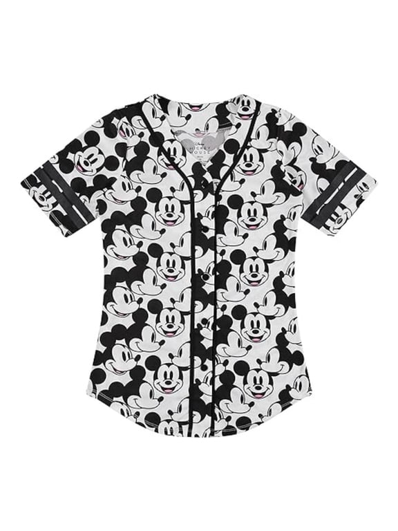Women's Baseball Jersey, Printed Cartoon Mickey Mouse Baseball Shirt White Black – M