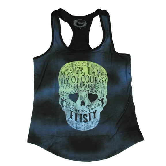 Disney Women's How Do You Get To Neverland Skull and Tinkerbell Adult Junior's Racerback Tank Top