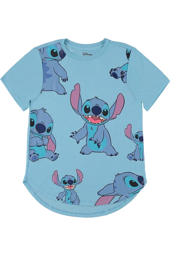 Ladies Lilo and Stitch Shirt - Ladies Classic Lilo and Stitch Fashion Tee Lilo and Stitch Curved Hem Short Sleeve Tee Blue, Large