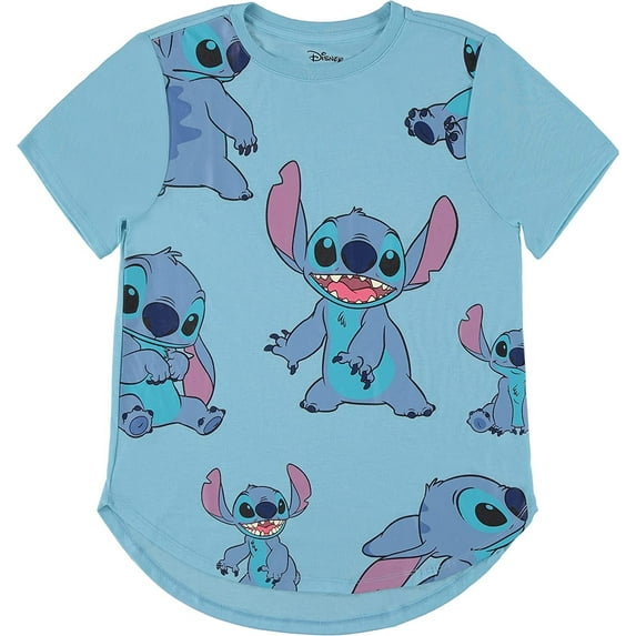 Disney Women's Lilo and Stitch Shirt, Classic Curved Hem Cartoon Printed Stitch T-Shirt Blue – M