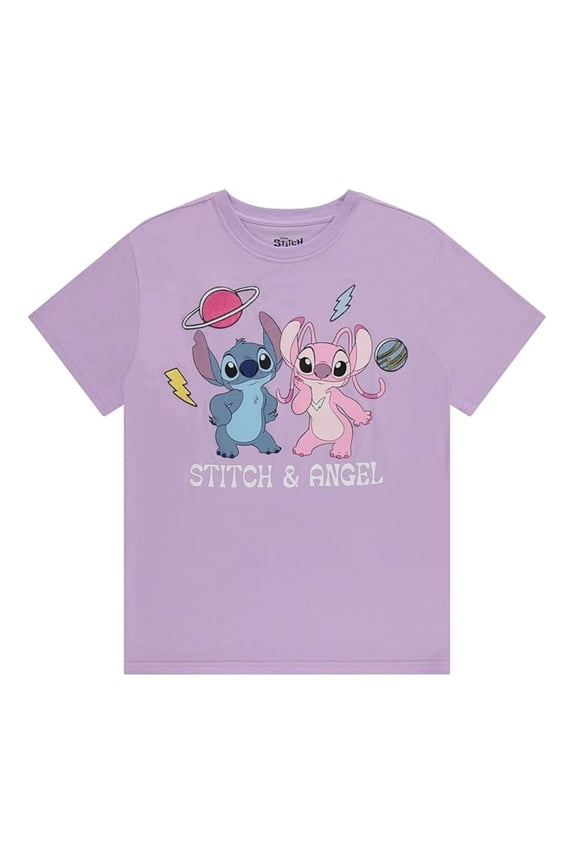 Women's Lilo and Stitch Shirt, Graphic Printed with Embroidery Angel and Stitch T-shirt Lilac - XL