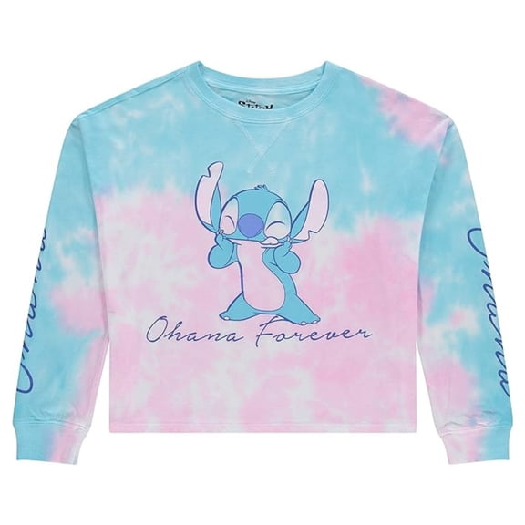 Disney Women's Lilo and Stitch Sweatshirt, Printed Crop Top Long Sleeve Blue Tie Dye - L