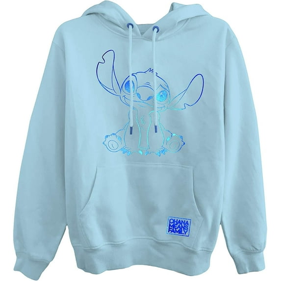 Disney Women's Lilo and Stitch Sweatshirt, Printed Foil Ohana Stitch Hoodie Light Blue - 2XL