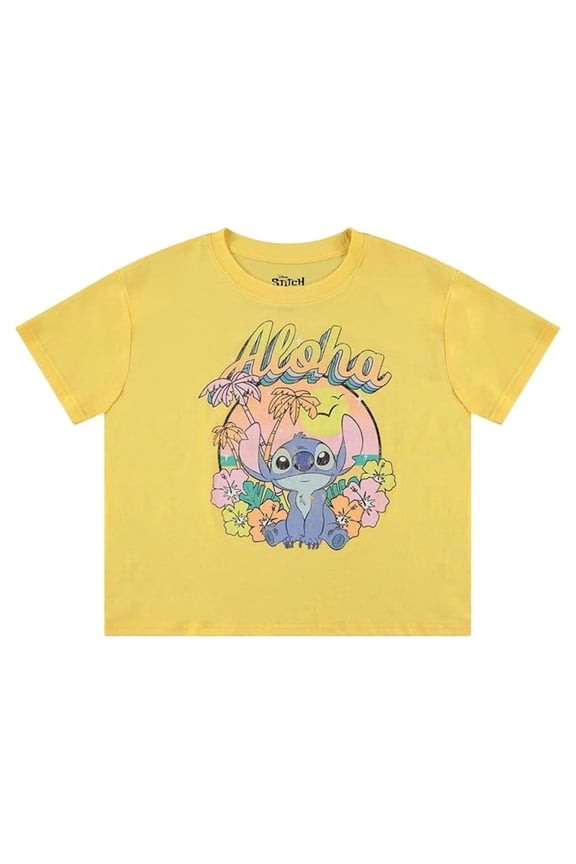 Women's Lilo and Stitch T-shirt, Graphic Print Aloha Stitch Crop Top Shirt Light Yellow – L