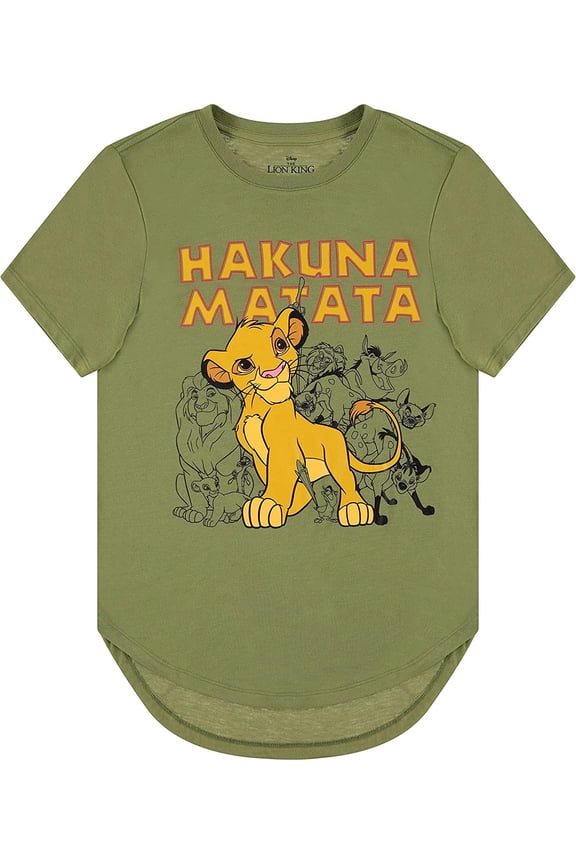Ladies Lion King Fashion Shirt - Ladies Classic Hakuna Matata Clothing Lion King Simba Mufasa Timon and Pumba Curved Hem Tee Olive, Small
