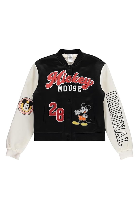 Women’s Mickey Mouse Bomber Jacket, Modern Casual Varsity Jacket Black Ivory - S
