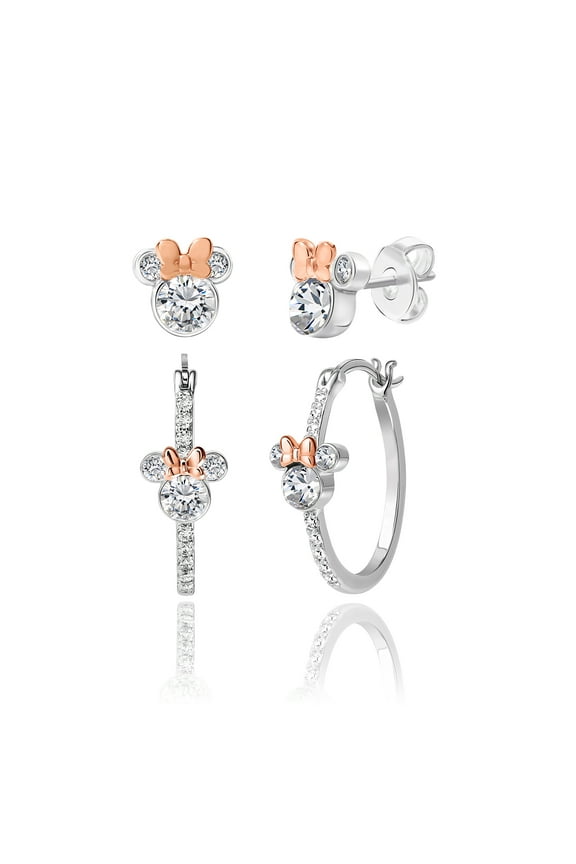 Women's Minnie Mouse CZ Silver Plated Hoop and Stud Earring Set