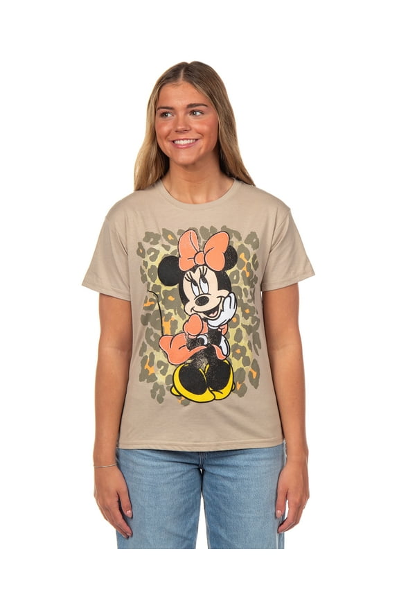 Disney Women's Minnie Mouse Distressed Classic Pose Leopard Background Junior's Short Sleeve T-Shirt
