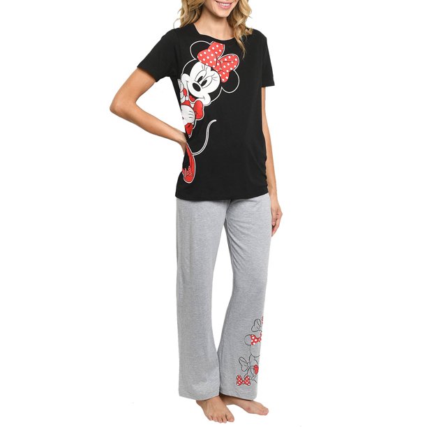 Disney Women's Minnie Mouse Leaning Bows Lounge Pajamas Gray 2 Piece Set