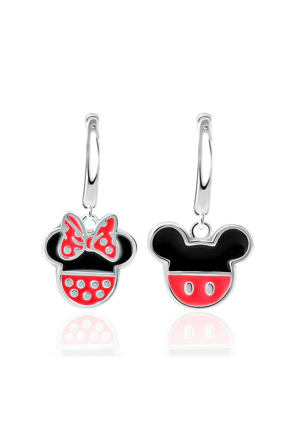 Women's Minnie and Mickey Mouse Sterling Silver Mismatch Charm Hoop Earrings