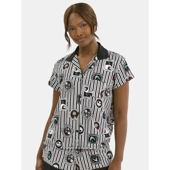 Disney Women's Nightmare Before Christmas Printed Notched Top and Shorts Pajama Set, 2-Piece, Sizes XS-3X