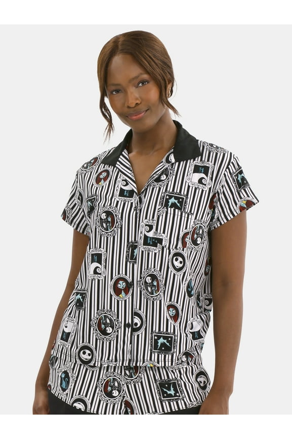 Women's Nightmare Before Christmas Printed Notched Top and Shorts Pajama Set, 2-Piece, Sizes XS-3X