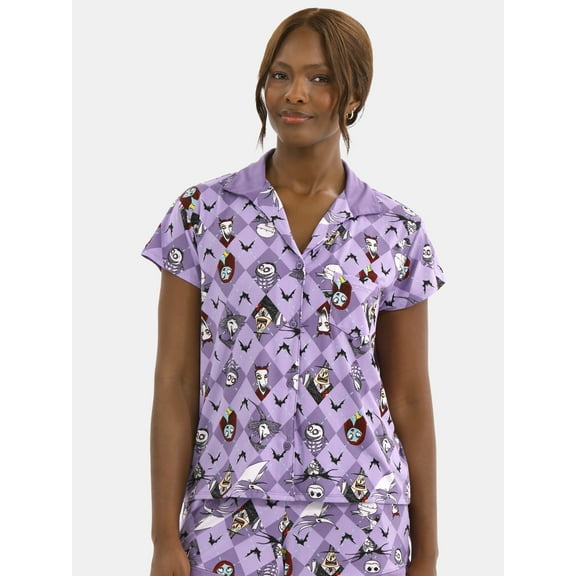 Disney Women's Nightmare Before Christmas Printed Notched Top and Shorts Pajama Set, 2-Piece, Sizes XS-3X