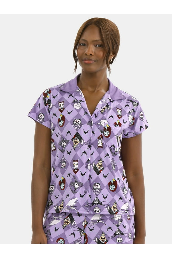 Women's Nightmare Before Christmas Printed Notched Top and Shorts Pajama Set, 2-Piece, Sizes XS-3X