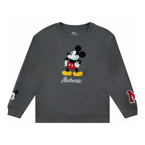 Disney Women's Sweatshirt, Classic Printed Patch Mickey Mouse Sweatshirt Slate Grey - S