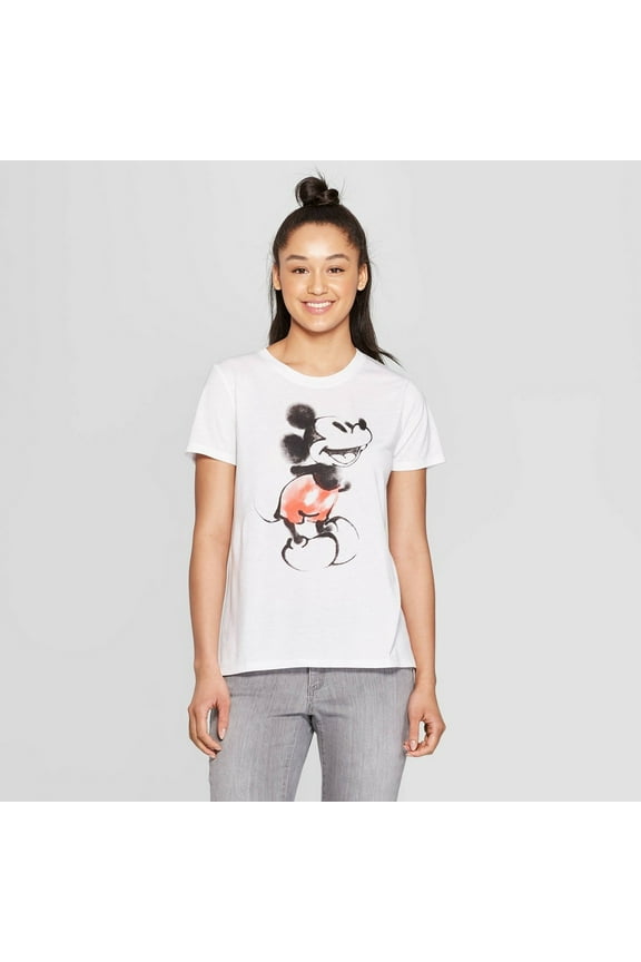 Women's Watercolor Mickey Mouse Short Sleeve T-Shirt (Juniors') - White - (XX-Large)