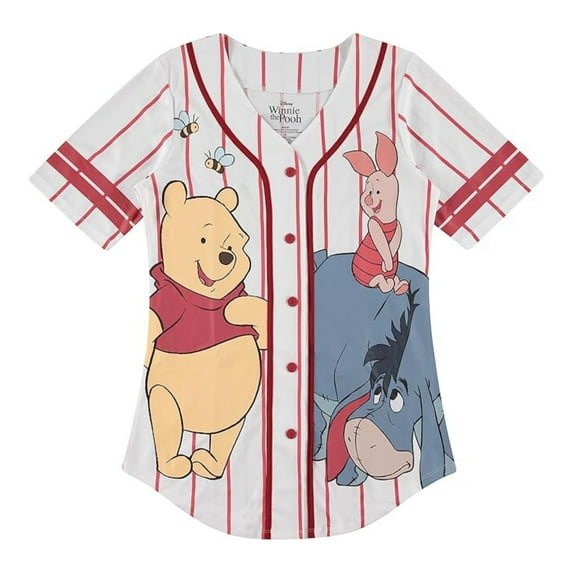 Disney Women's Winnie The Pooh Baseball Jersey Shirt, Printed Cartoon Jersey Shirt White Red – S