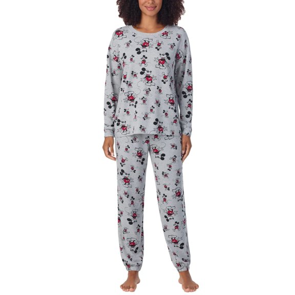 Disney Women's Mickey Mouse 2-Pc Printed Long Sleeve Soft Jersey Pajama Lounge Set (Gray, XXL)