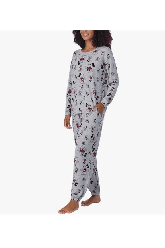 Women's Mickey Mouse 2-Pc Printed Long Sleeve Soft Jersey Pajama Lounge Set (Gray, XXL)