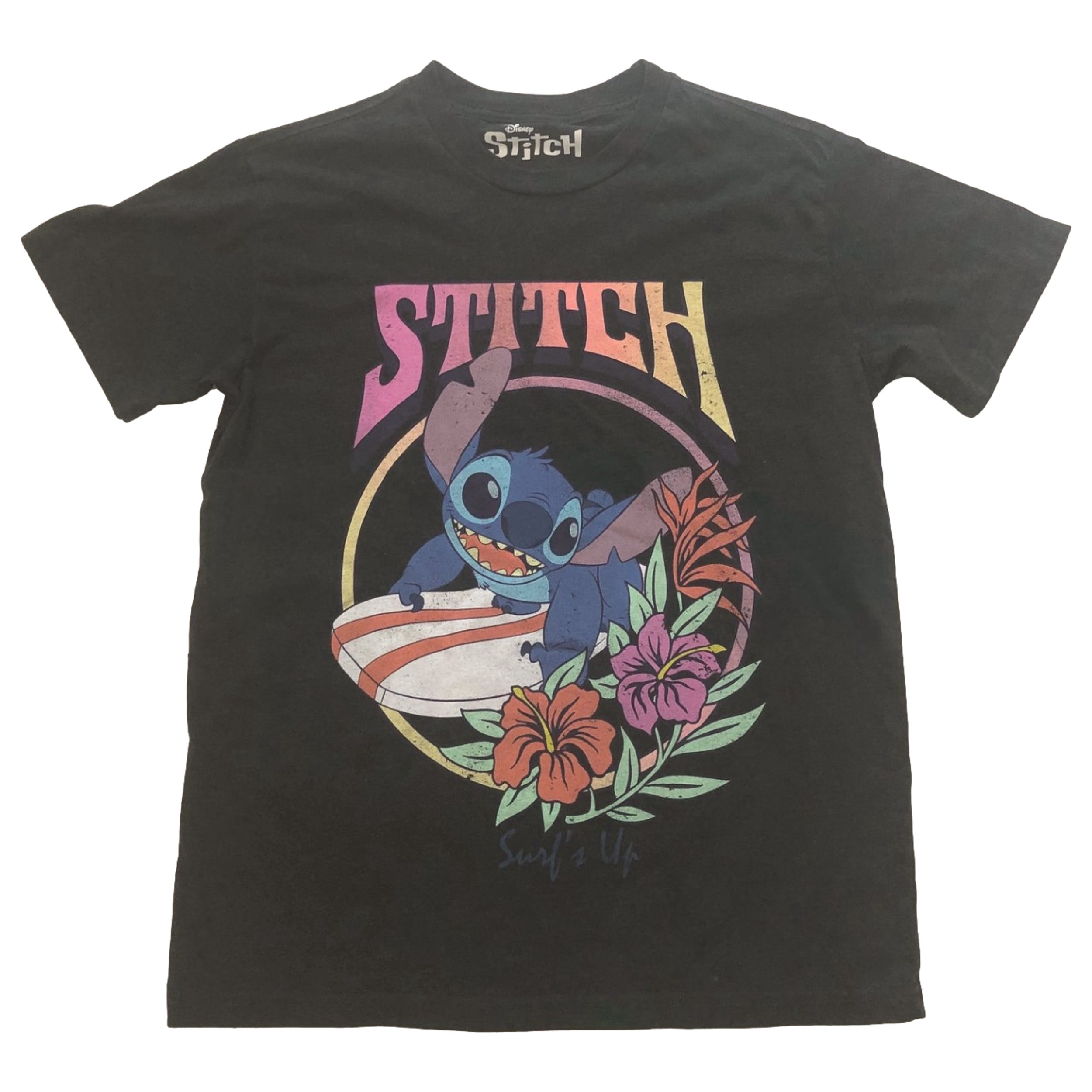Disney Womens Jrs Black Floral Stitch Surfs Up T-Shirt Tee Shirt Large