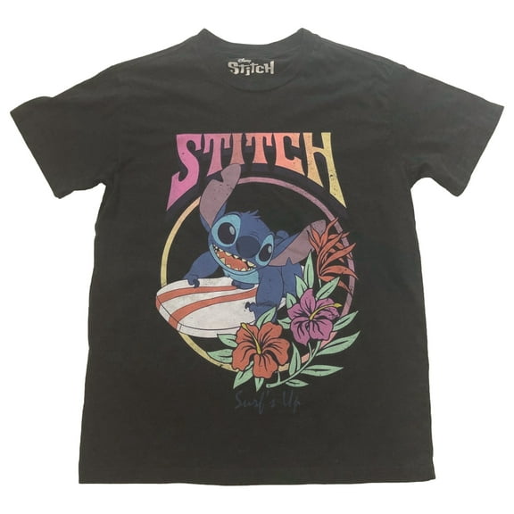 Disney Womens Jrs Black Floral Stitch Surfs Up T-Shirt Tee Shirt Small