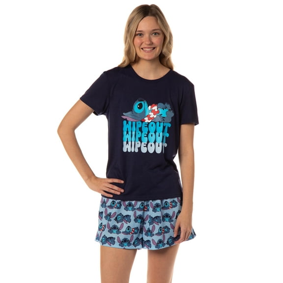 Disney Womens' Lilo & Stitch Wipeout Short Sleeve and Short Sleep Pajama Set