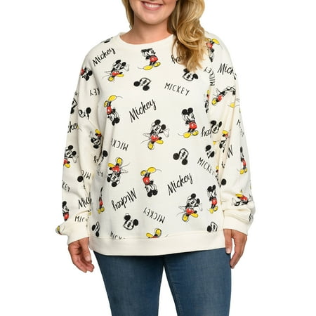 Disney Womens Plus Size Mickey Mouse Fleece Long Sleeve All-Over Sweatshirt