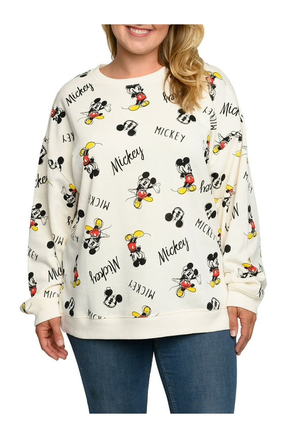 Womens Plus Size Mickey Mouse Fleece Long Sleeve All-Over Sweatshirt