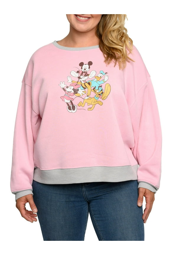 Womens Plus Size Mickey Mouse Friends Fleece Long Sleeve Sweatshirt Pink