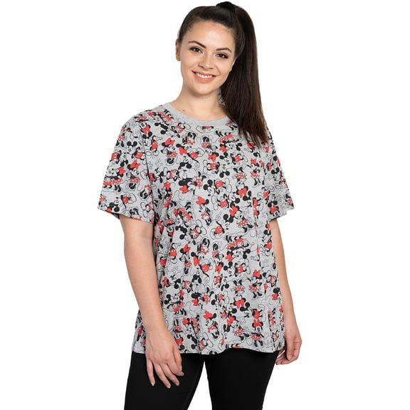 Disney Mickey & Minnie Mouse Women's & Plus All-Over Print Graphic Tee, Gray