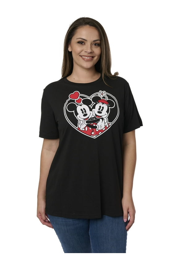 Womens Plus Size Mickey and Minnie Mouse T-Shirt Heart Hugs Black