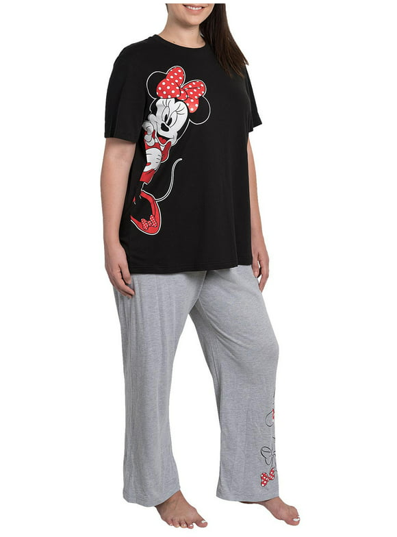 Disney Womens Plus Size Minnie Mouse Bows Pajama Lounge Wear Black Gray Set