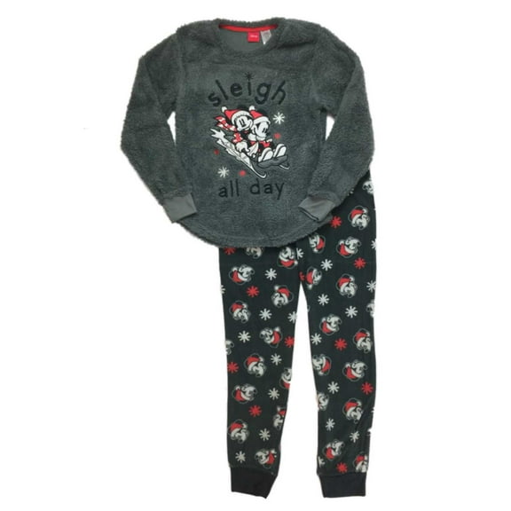 Disney Womens Plush Gray Fleece Mickey & Minnie Mouse Pajamas Sleigh All Day XS