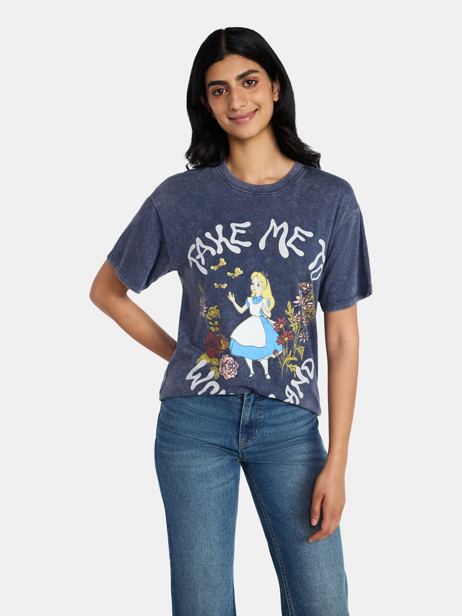 Alice in Wonderland Women's Washed Graphic Tee with Short Sleeves, Sizes XXS-XXL