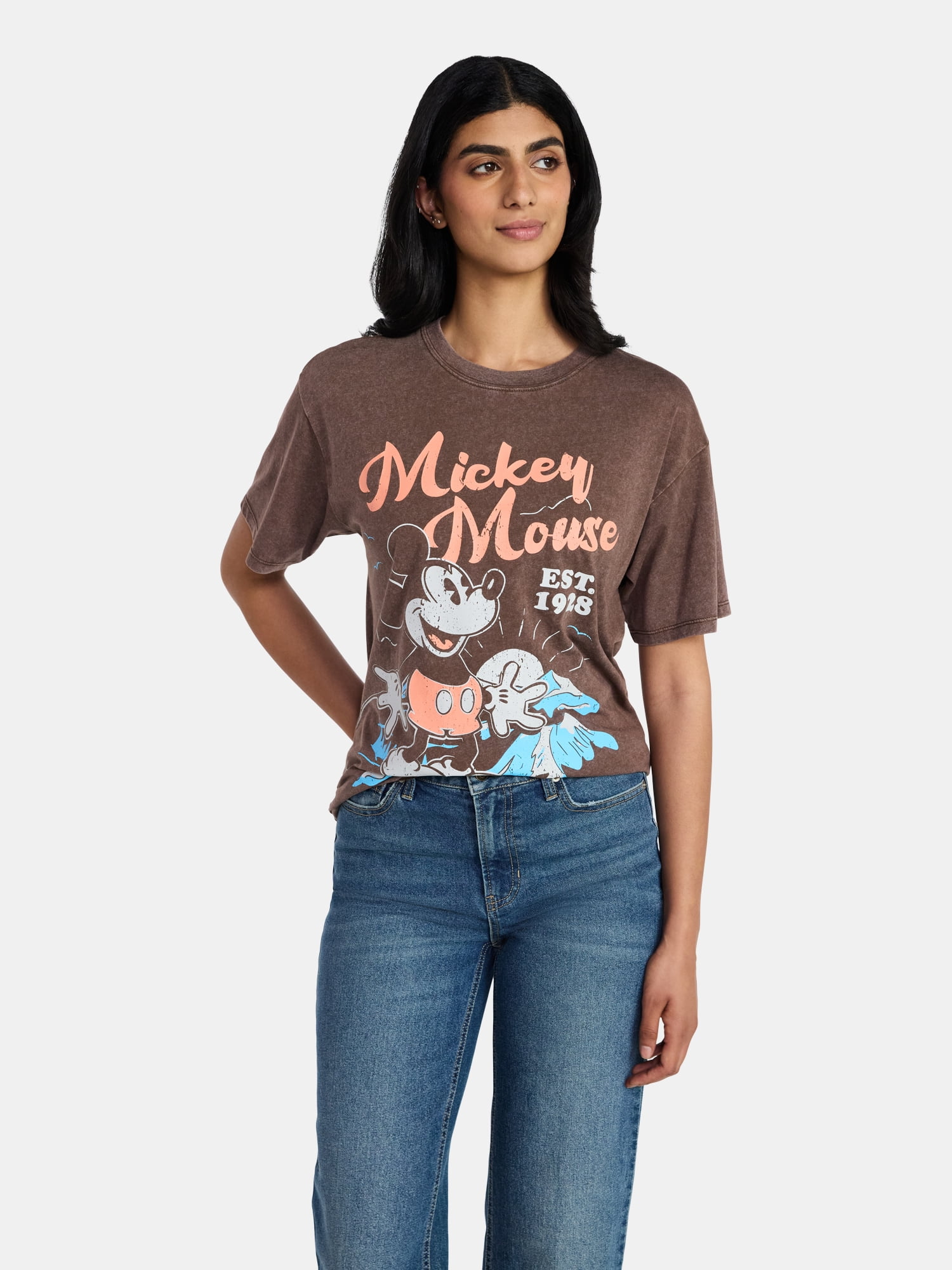 Mickey Mouse Women's Washed Graphic Tee with Short Sleeves