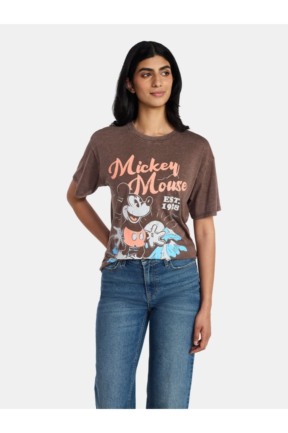 Mickey Mouse Women's Washed Graphic Tee with Short Sleeves, Sizses XXS-XXL