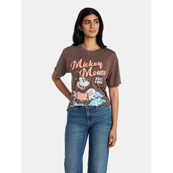 Mickey Mouse Women's Washed Graphic Tee with Short Sleeves, Sizses XXS-XXL
