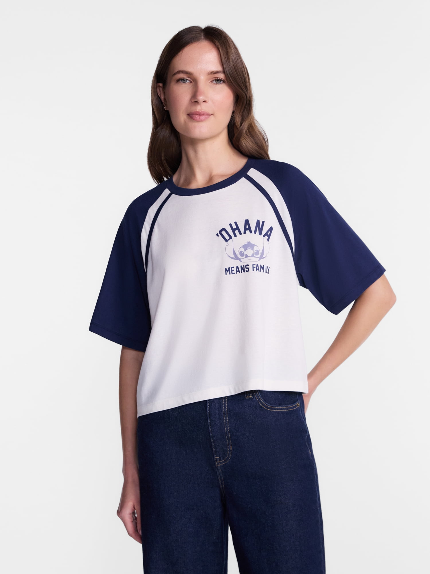 Disney Stitch Women’s Graphic Skimmer Raglan Tee with Short Sleeves, Sizes XXS-XXL