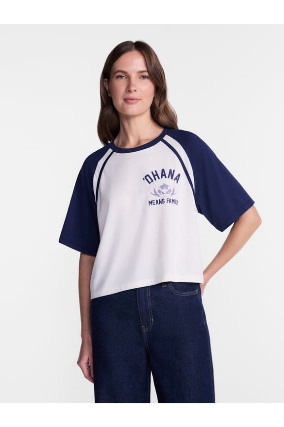 Disney Stitch Women’s Graphic Skimmer Raglan Tee with Short Sleeves, Sizes XXS-XXL