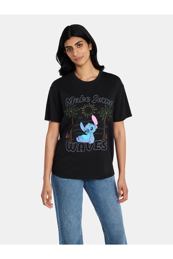 Disney Stitch Women's Embroidered Graphic Tee with Short Sleeves, Sizes XXS-XXL